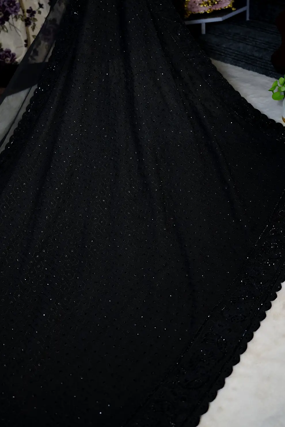 Black Sparkle Chiffon Saree – Premium Party Wear